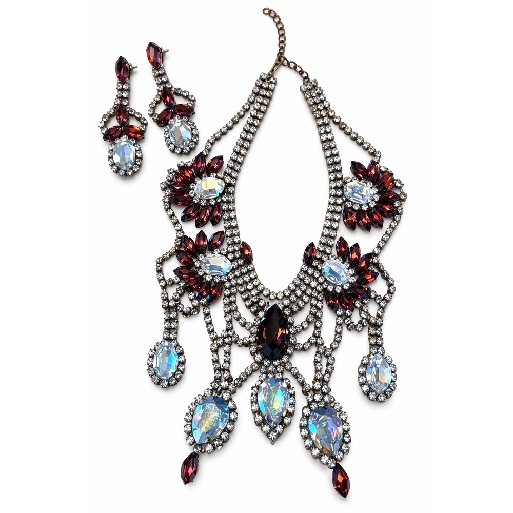 Vintage Bijoux MG Czech Glass Rhinestone Statement Bib Necklace Earrings Aurora